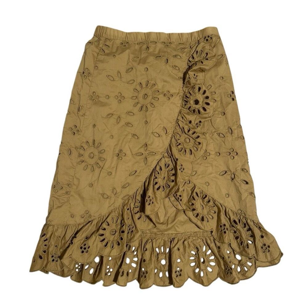 J.Crew 100% Cotton Eyelet Wrap Midi Skirt Tan Ruffle Hem Embroidered Boho M